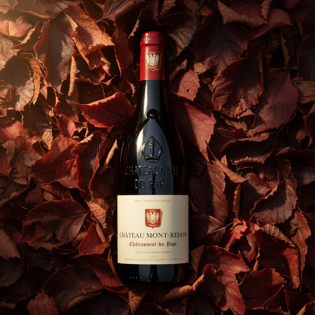 Load image into Gallery viewer, A bottle of Château Mont-Redon Châteauneuf-du-Pape red wine lies centered on a bed of dark red and brown autumn leaves. The bottle has a dark glass body, a red foil top, and a cream-colored label with red and black text.