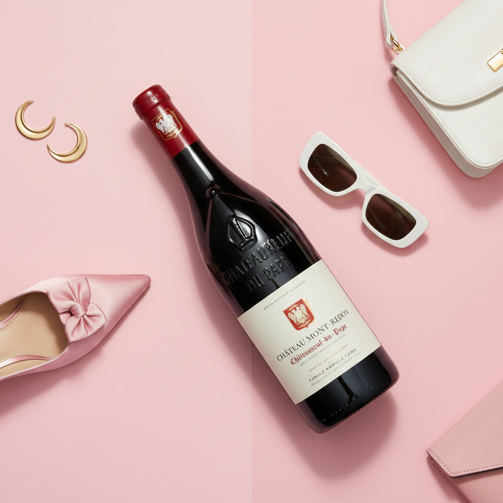 Load image into Gallery viewer, A bottle of Château Mont-Redon Châteauneuf-du-Pape red wine is styled in a flat lay on a pink background with a pink pointed shoe, gold crescent earrings, white sunglasses, a white handbag, and a pink clutch.