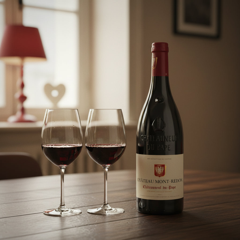 Load image into Gallery viewer, A bottle of Château Mont-Redon Châteauneuf-du-Pape red wine stands on a wooden table beside two filled wine glasses in a softly lit indoor setting with a lamp and window in the background.