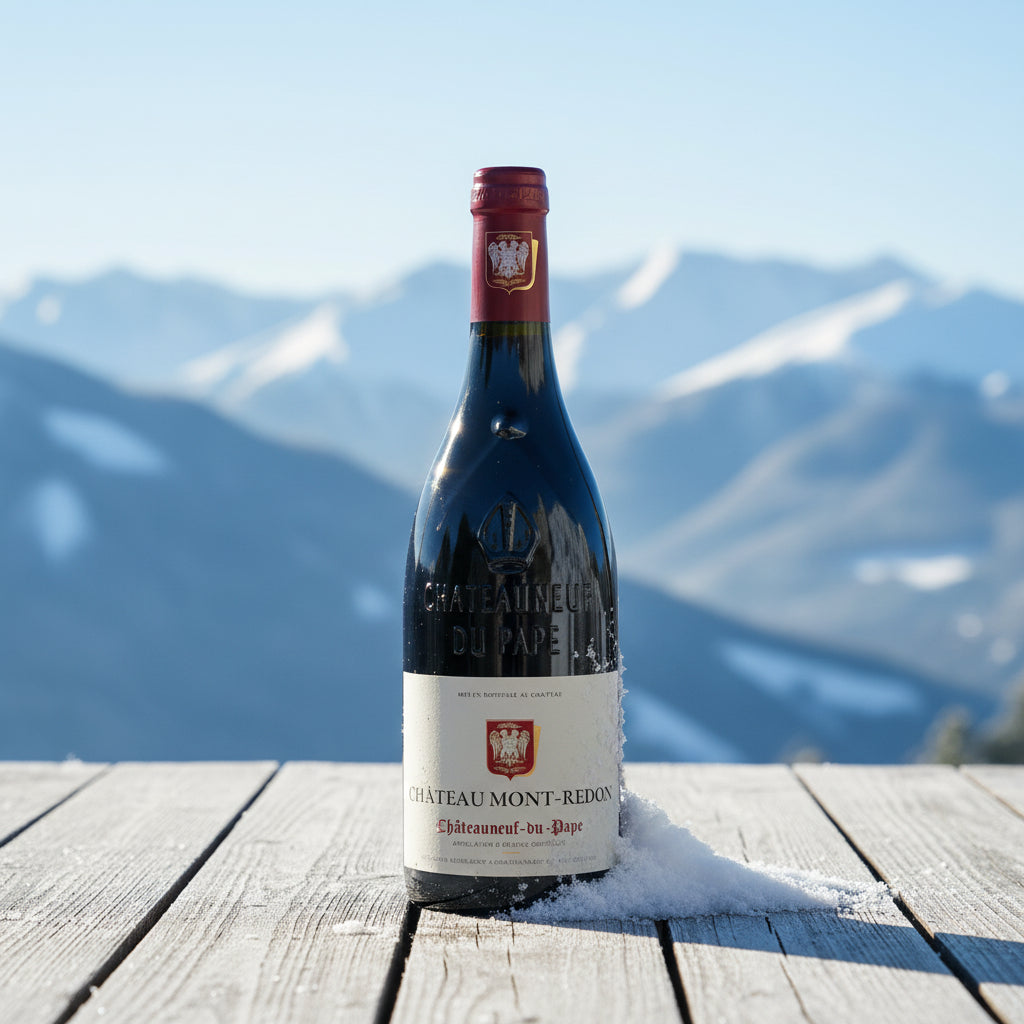 Load image into Gallery viewer, A bottle of Château Mont-Redon Châteauneuf-du-Pape red wine stands on a snowy wooden deck with a blurred mountain landscape in the background.