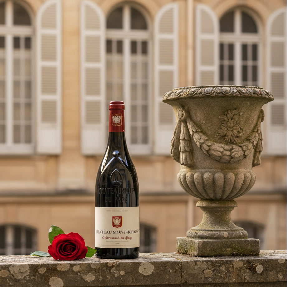Load image into Gallery viewer, A bottle of Château Mont-Redon Châteauneuf-du-Pape red wine stands on a stone ledge next to a red rose and a large stone urn, with a blurred classical building facade in the background.