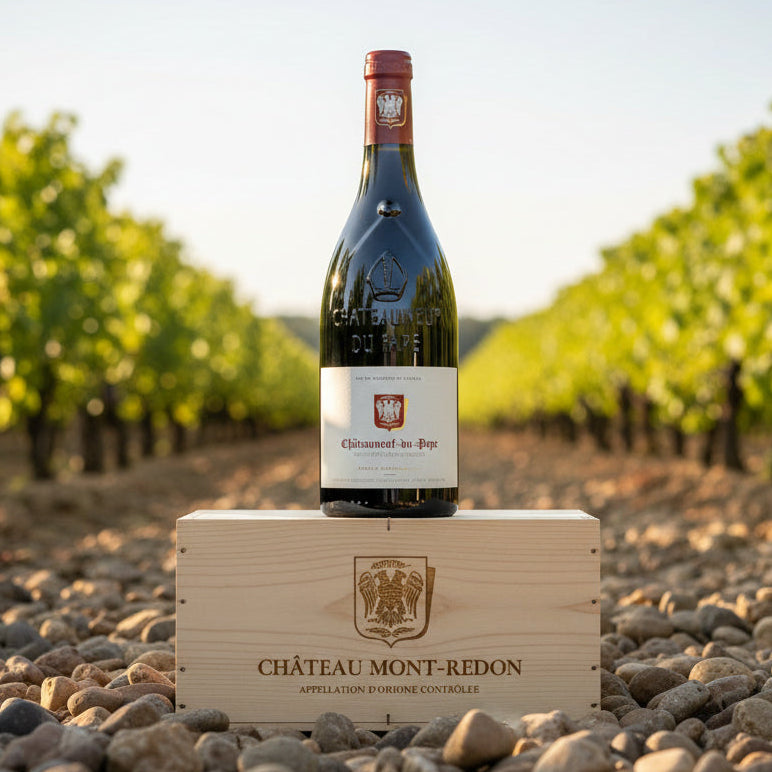 Load image into Gallery viewer, A bottle of Château Mont-Redon Châteauneuf-du-Pape red wine stands on a wooden crate in a gravel-covered vineyard path, with rows of grapevines blurred in the background under a clear sky.