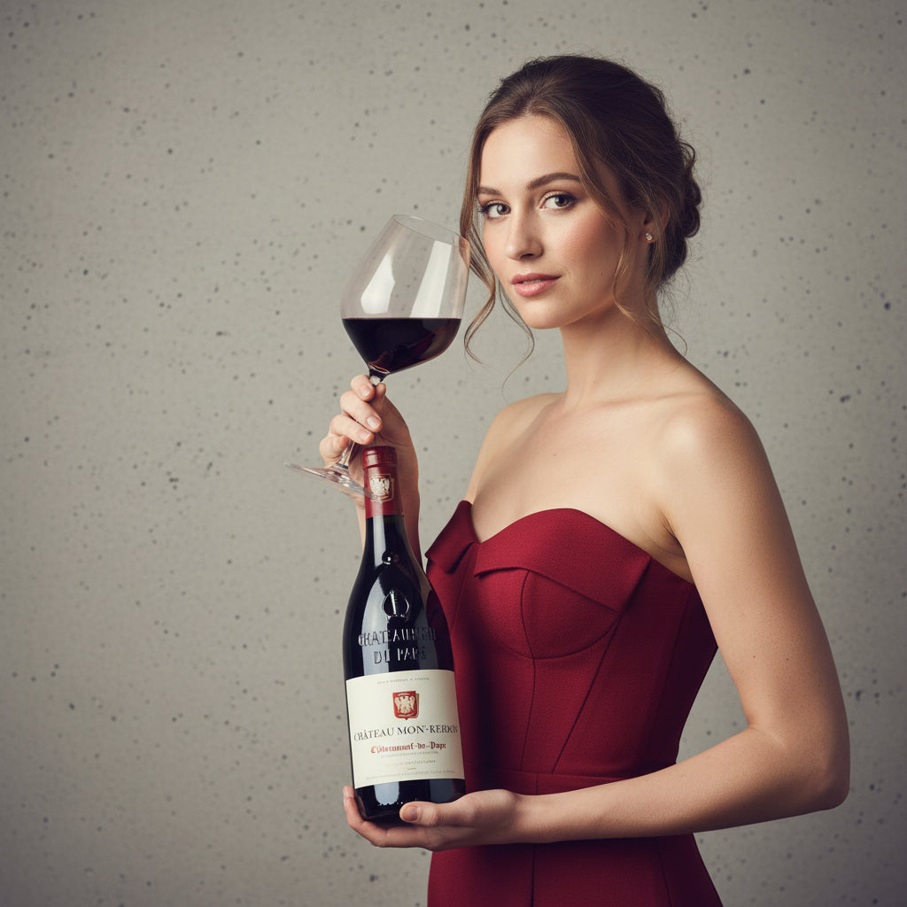Load image into Gallery viewer, A woman in a strapless dark red dress holds a bottle of Château Mont-Redon Châteauneuf-du-Pape red wine and a glass of red wine against a textured grey studio background.