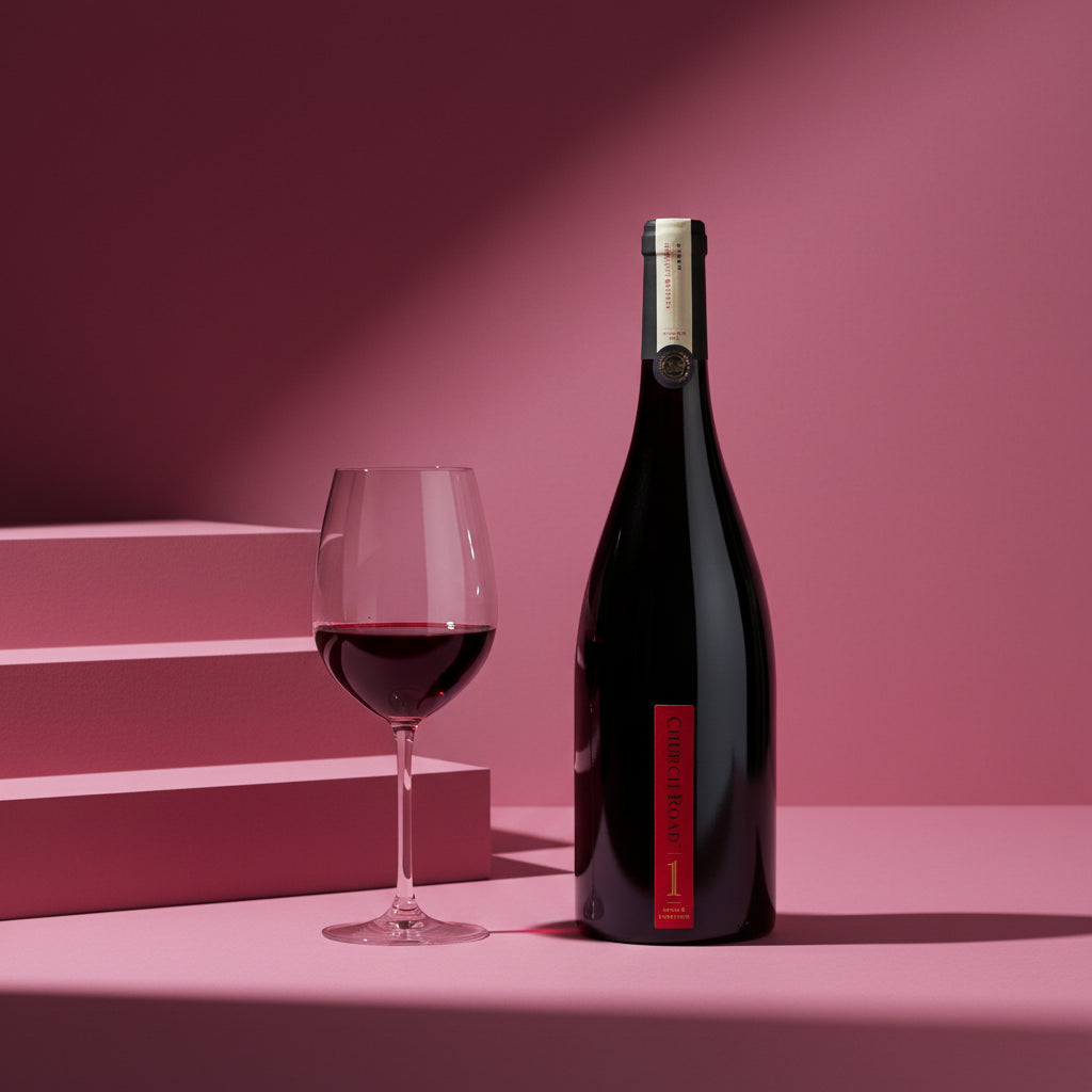 Load image into Gallery viewer, church_road_1_syrah wine bottle and glass on a pink geometric background
