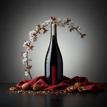 Load image into Gallery viewer, church_road_1_syrah wine bottle with cherry blossoms and nuts on a dark surface