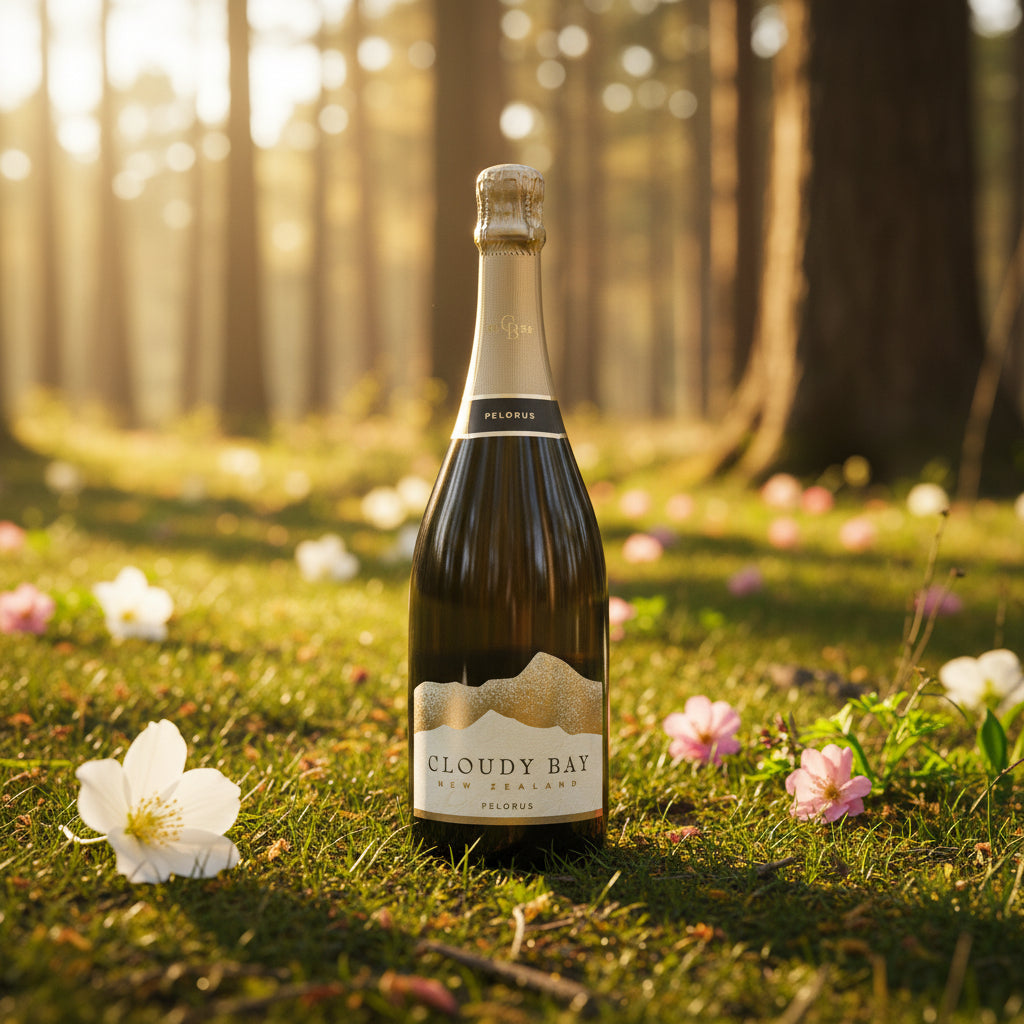 Load image into Gallery viewer, A bottle of Cloudy Bay Pelorus sparkling wine stands on a grassy patch in a sunlit forest clearing, surrounded by blurred trees and scattered white and pink flowers.
