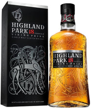 Load image into Gallery viewer, An image of a bottle of the supremely delicious Highland Park 18YO Viking Pride Single Malt Scotch Whisky next to it&#39;s handsome gift box with viking carvings