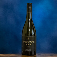 Load image into Gallery viewer, Wine bottle labeled &#39;Man O&#39;War&#39; on a wooden surface with a blue textured background