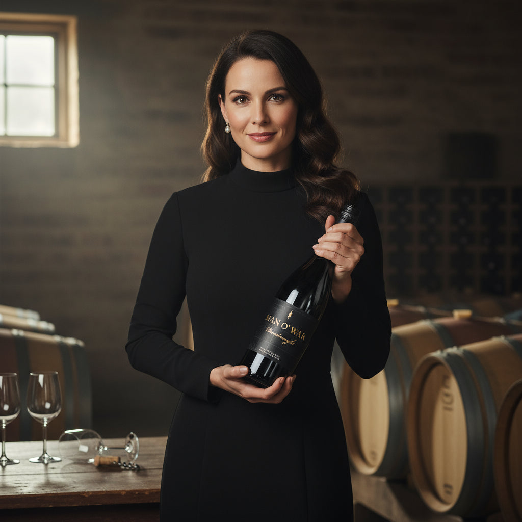 Load image into Gallery viewer, Woman holding a man-o-war-dreadnought-syrah wine bottle in a winery setting with barrels and glasses.