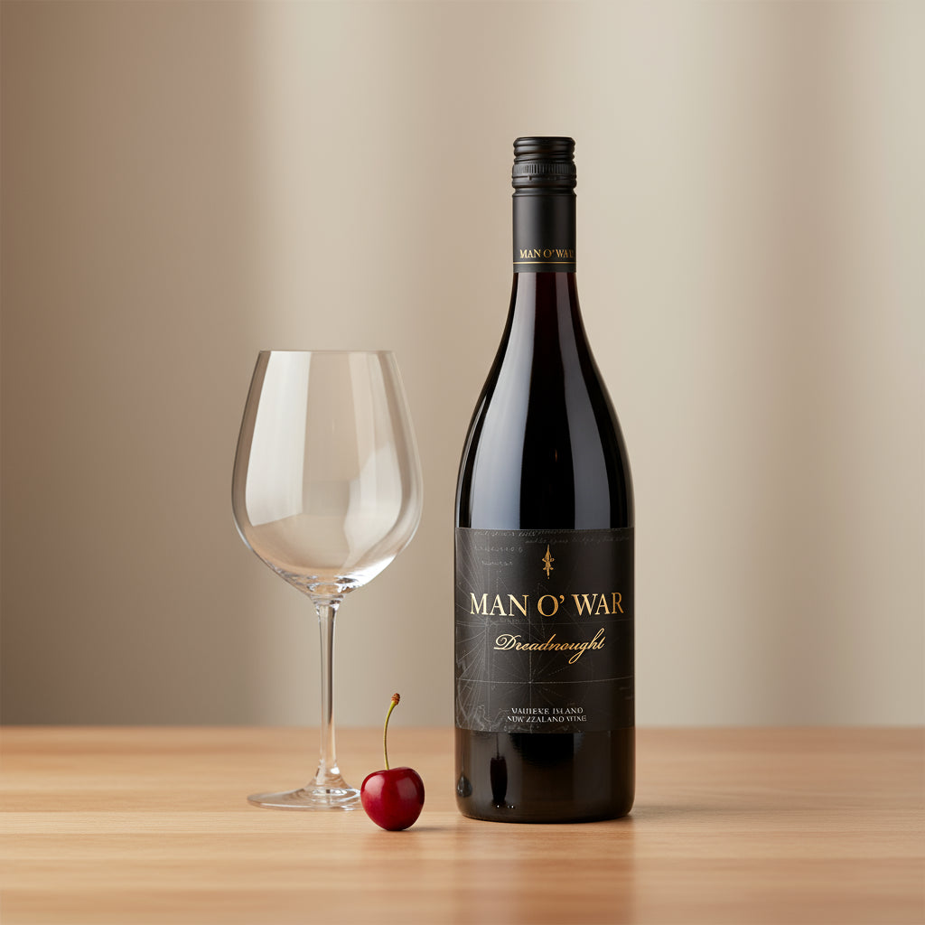 Bottle of Man O' War Syrah wine with a glass and cherry on a wooden table
