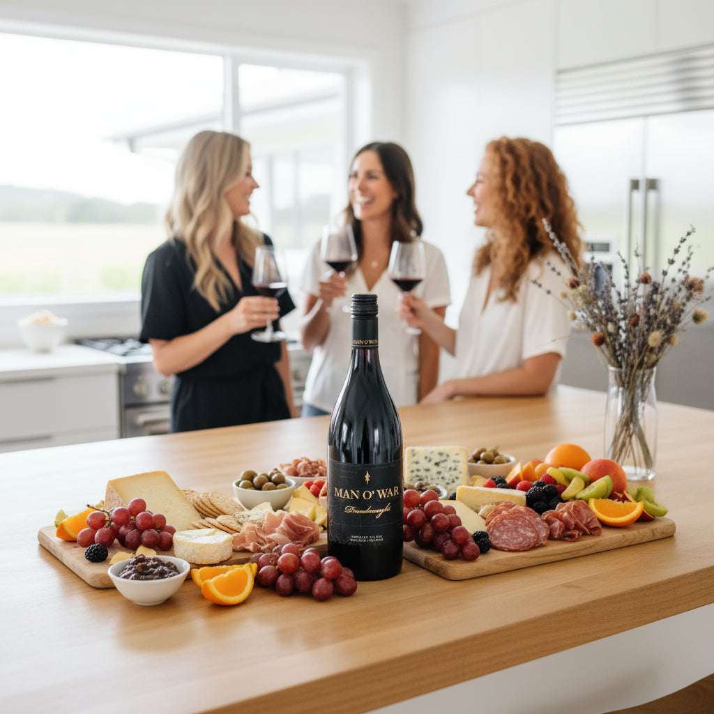 Three women enjoying a bottle of Man O War Dreadnought Syrah red wine and a charcuterie board in a kitchen.