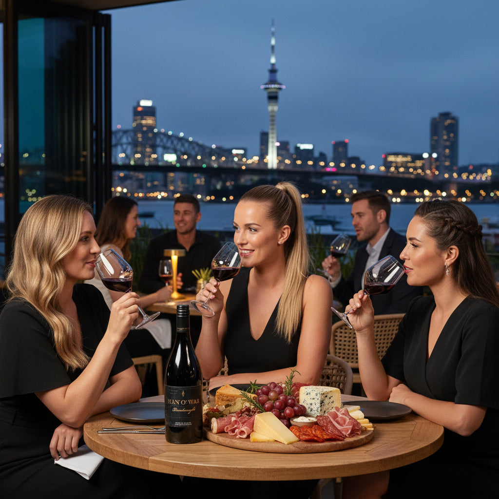 Three women enjoying a bottle of man-o-war dreadnought syrah wine at a table with an Auckland cityscape view in the background