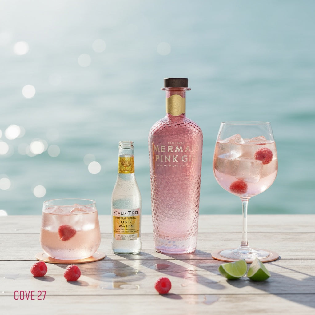Load image into Gallery viewer, Bottle of Mermaid Pink Gin with two glasses of pink cocktails on a wooden surface with a blurred beach background.
