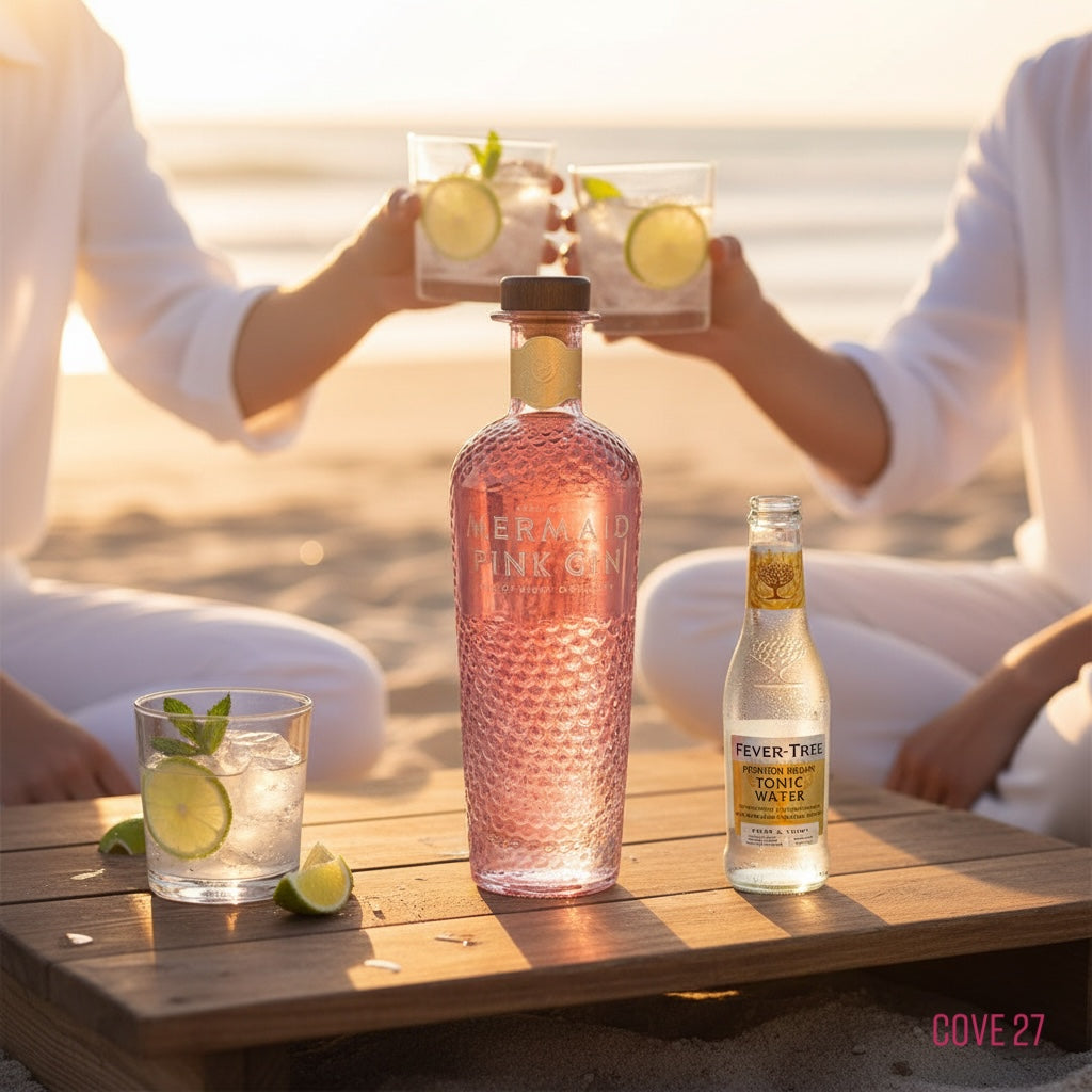 Load image into Gallery viewer, Two people holding glasses of pink cocktail with lime slices by the water, with a bottle of Fever-Tree TONIC AND MERMAID Pink Gin on a wooden table.