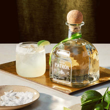 Load image into Gallery viewer, Patron Silver tequila bottle with a margarita on a tray