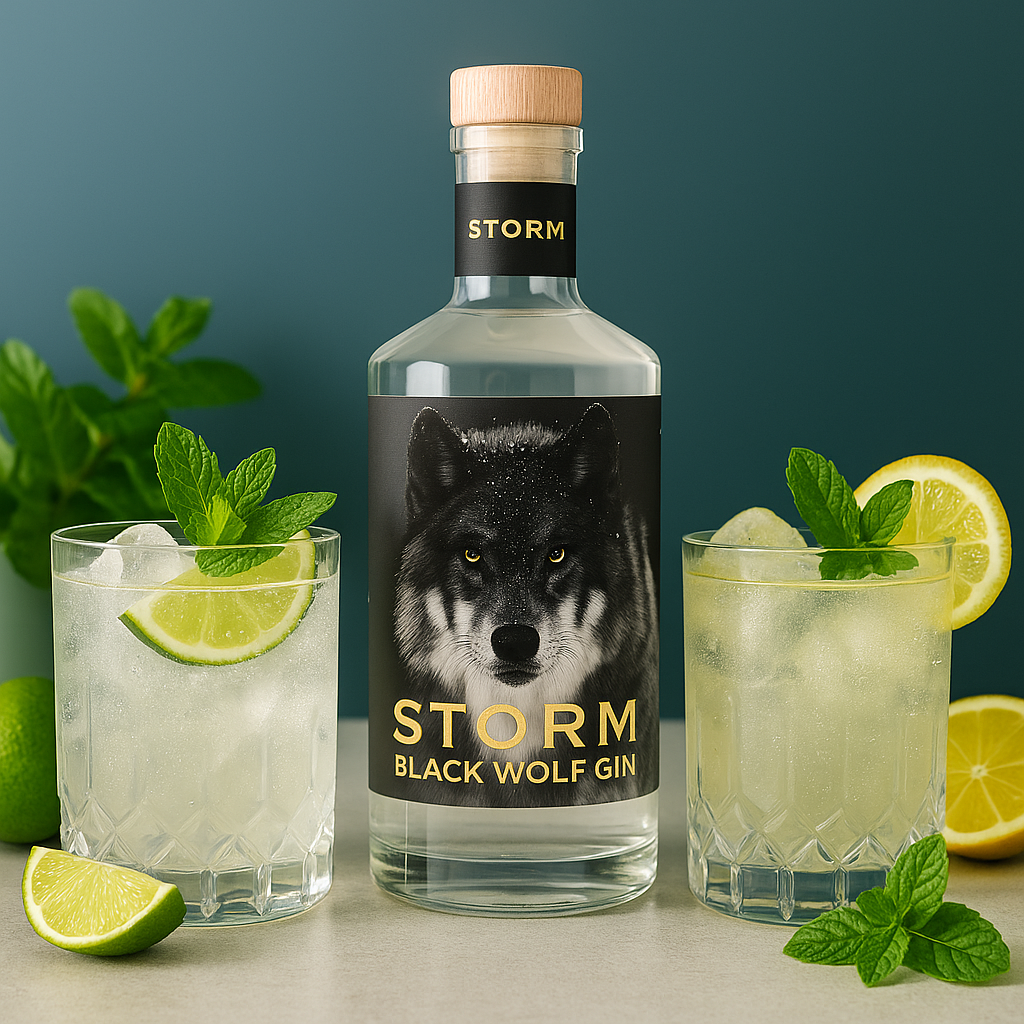 Bottle of Storm Black Wolf Gin with two glasses of gin and tonic garnished with lime and mint.