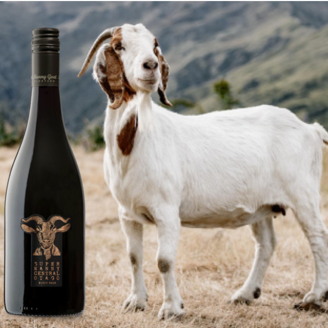 Load image into Gallery viewer, Bottle of Super Nanny Goat Pinot Noir wine with a goat in a mountainous landscape
