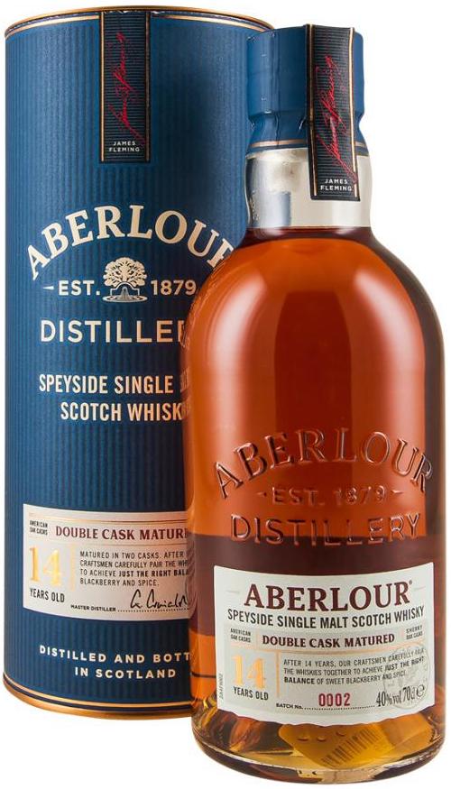 Load image into Gallery viewer, An image of a bottle of Aberlour 14YO Double Cask Scotch Single Malt Whisky beside it's handsome blue gift tube packaging
