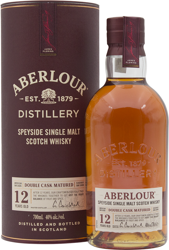 An image of a Aberlour 12YO Double Cask Scotch Single Malt Whisky beside its stunning dark ruby red tube gift packaging