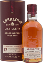 Load image into Gallery viewer, An image of a Aberlour 12YO Double Cask Scotch Single Malt Whisky beside its stunning dark ruby red tube gift packaging