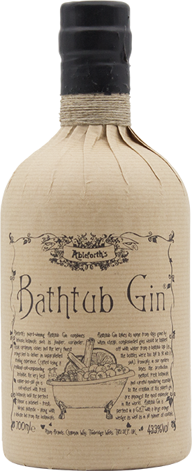 A bottle of Ableforth's Bathtub Gin with a beige label, showcasing a vintage design with botanical illustrations and text.
