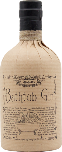 A bottle of Ableforth's Bathtub Gin with a beige label, showcasing a vintage design with botanical illustrations and text.