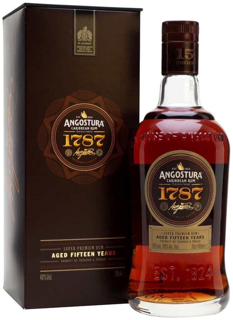 An image of a bottle of Angostura 1787 15YO Dark Rum 700ml from Trinidad & Tobago beside it's stylish  gift box