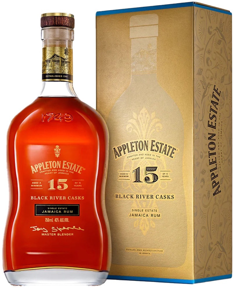 An image of a bottle of Appleton Estate 15 Year Old Black River Casks Golden Rum next to its stylish gift box