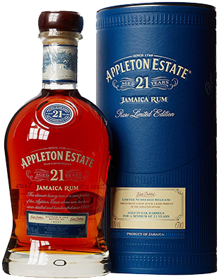 An image of a bottle of premium Appleton Estate 21 Year Old Gold Rum next to its stunning blue gift tube box