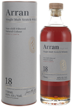Load image into Gallery viewer, An image of a bottle of Arran 18 Year Old Single Malt Scotch Whisky next to its handsome gift tube box