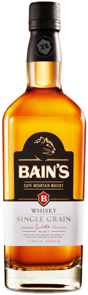 An image of a bottle of Bain's Cape Mountain Single Grain Whisky from South Africa. Its a staff favourite