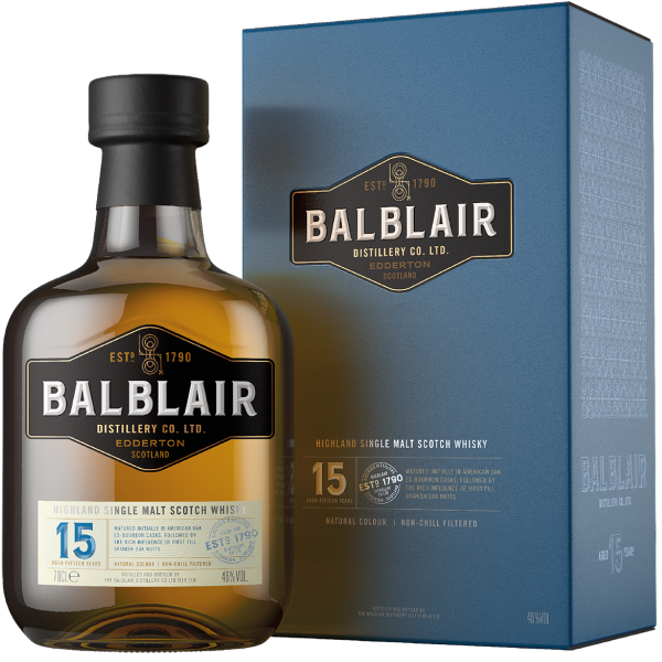 An image of a bottle of Balblair 15 Year Old Single Malt Highland 700ml Whisky next to its gift box