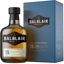Load image into Gallery viewer, An image of a bottle of Balblair 15 Year Old Single Malt Highland 700ml Whisky next to its gift box