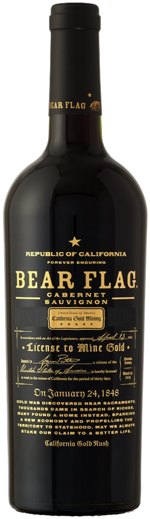 A bottle image of Bear Flag Cabernet Sauvignon from Sonoma, California, USA. A silky smooth Cabernet.