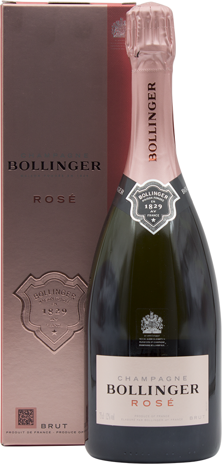 An image of a bottle of Bollinger Rosé Brut Champagne next to its stunning gift box