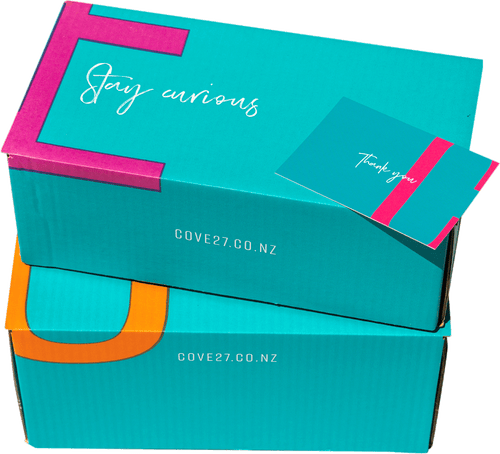 An image of two stunning COVE 27 Premium Packaging branded boxes, one large and one medium size