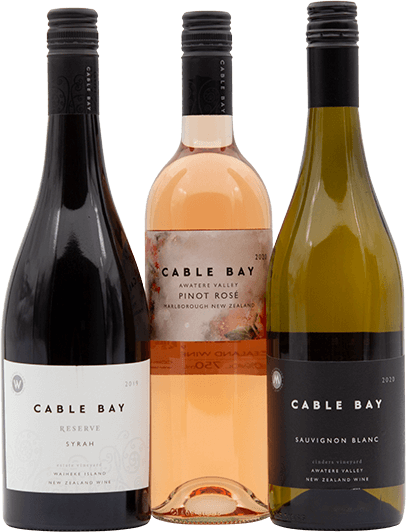 An image of 3 bottles of Cable Bay wines, including Syrah, Rosé & Sauvignon Blanc from Waiheke Island