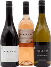 Load image into Gallery viewer, An image of 3 bottles of Cable Bay wines, including Syrah, Rosé &amp; Sauvignon Blanc from Waiheke Island