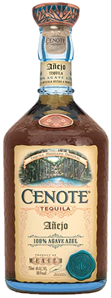 An image of a bottle of award winning Cenote Anejo Premium Tequila from Jalisco in Mexico.