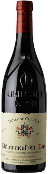 A bottle of Domaine Charvin Châauneuf-du-Pape wine with a red label and a cork closure.