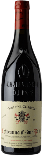 A bottle of Domaine Charvin Châauneuf-du-Pape wine with a red label and a cork closure.