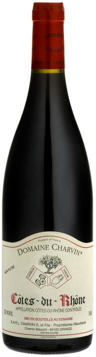 A bottle of Charvin Côtes du Rhône wine with a red label and a cork closure.