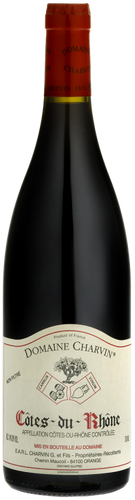 A bottle of Charvin Côtes du Rhône wine with a red label and a cork closure.