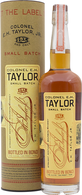 An image of a bottle of EH Taylor Small Batch Kentucky Straight Bourbon Whiskey next to its handsome gift tube box