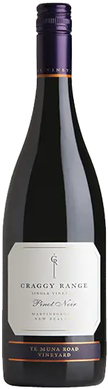 A bottle of Craggy Range Te Muna Pinot Noir with label and cap visible, showcasing the brand and variety.