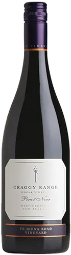 A bottle of Craggy Range Te Muna Pinot Noir with label and cap visible, showcasing the brand and variety.