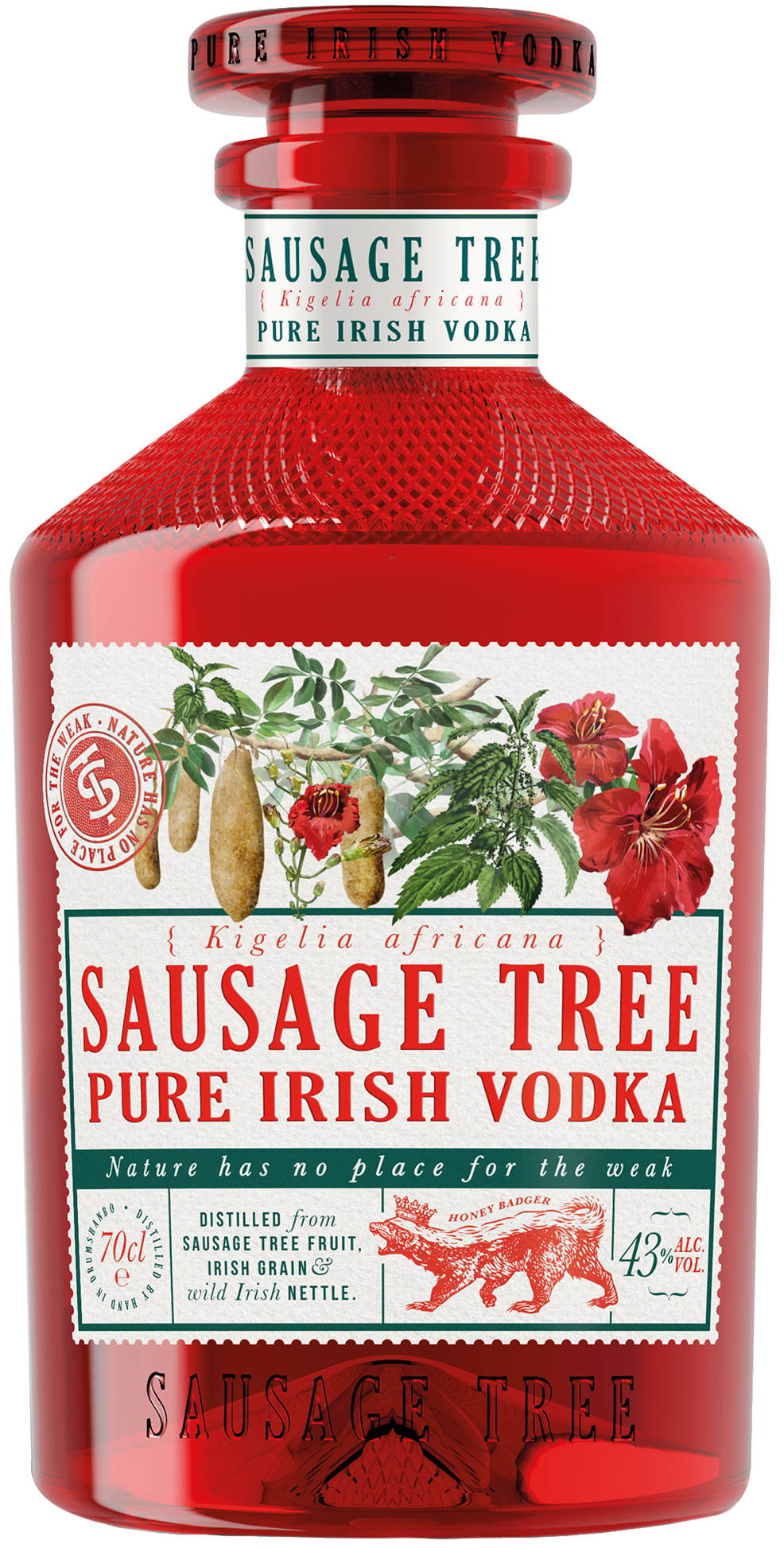 Load image into Gallery viewer, An image of a bottle of Drumshanbo Sausage Tree Irish Vodka from The Shed Distillery in Ireland. It comes in a unique, beautiful and memorable red bottle.