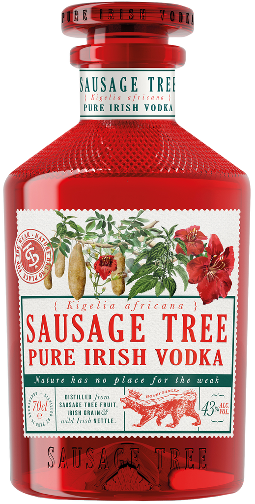 An image of a bottle of Drumshanbo Sausage Tree Irish Vodka from The Shed Distillery in Ireland. It comes in a unique, beautiful and memorable red bottle.