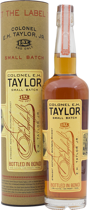 Load image into Gallery viewer, An image of a bottle of EH Taylor Small Batch Kentucky Straight Bourbon Whiskey next to its handsome gift tube box
