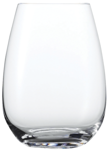 A clear, colorless stemless tumbler glass designed for serving spirits, cocktails, or wine.